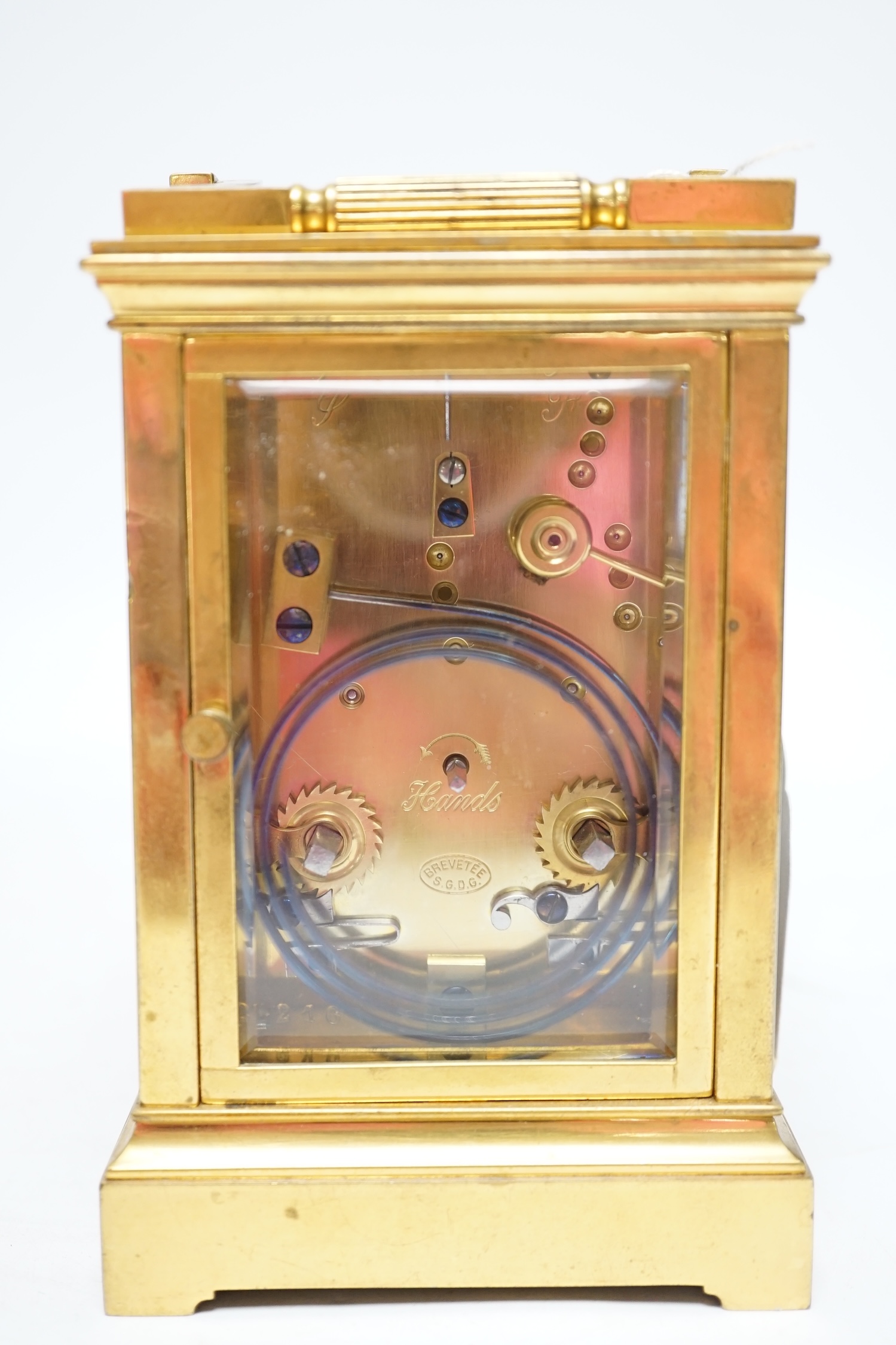 A late 19th century French repeating carriage clock, with Richard movement, in travelling case with key, 15cm high. Condition - good not tested for time keeping